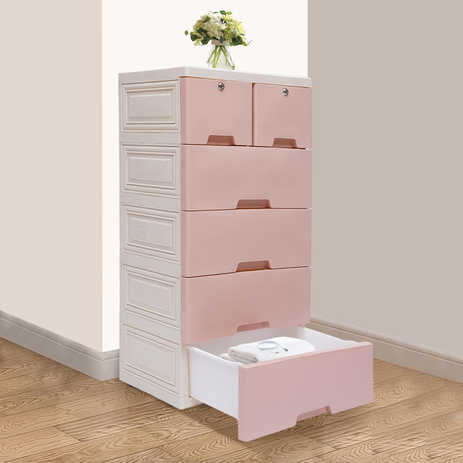 Cassettiera su ruote, 6 cassetti grandi, in plastica PP, per cucina, bagno, soggiorno, ufficio, 102 cm (rosa)