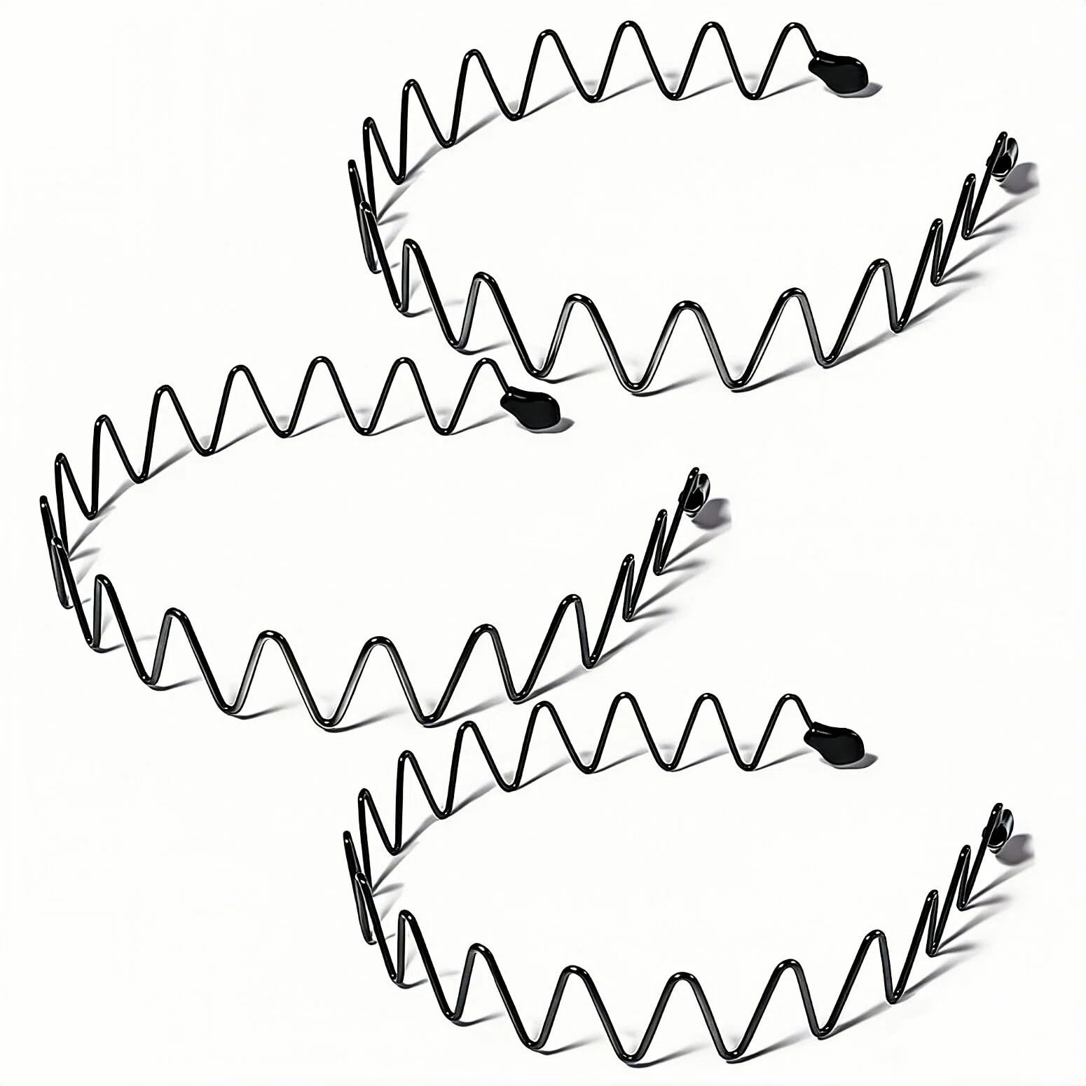 KELUBATU 3-Pack Metal Headbands for Men & Women – Generous Fit for Larger Heads & Thick Hair – Black Wavy Non-Slip Hair Bands for Sports, Gym, Yoga