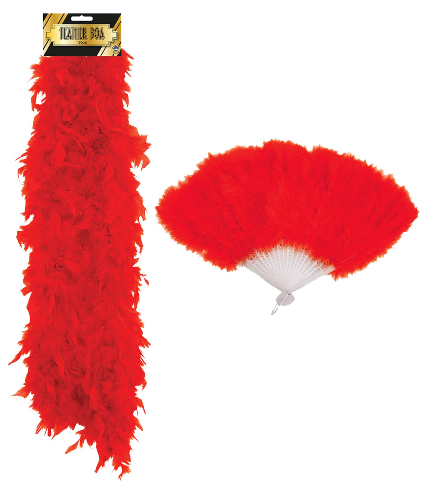 Ladies Girls Red Feather Boa & Fan Flapper Hen Night Fancy Dress Party Set