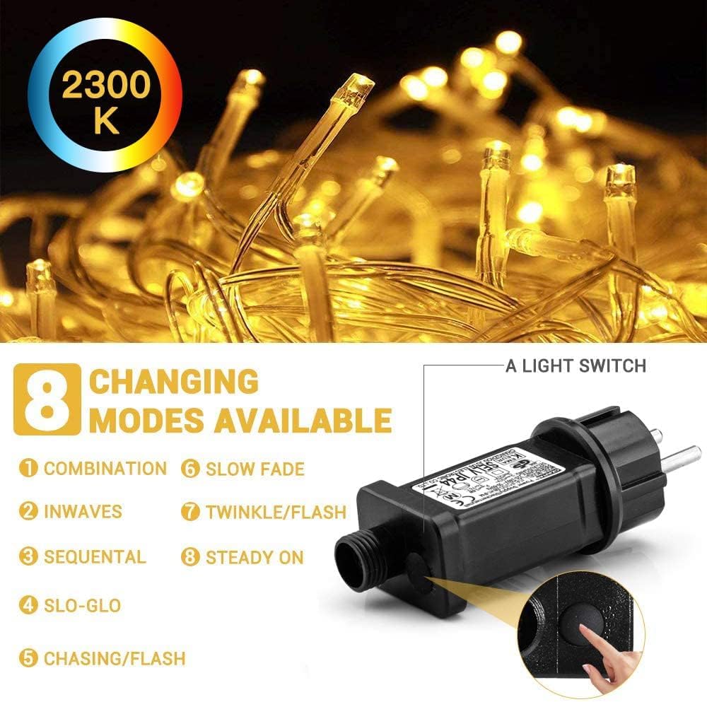 Avoalre Luci Natale 500LED 100M, Catena Luminosa 8 Modalità Impermeabile IP44 LED Luci LED Decorative per Interno/Esterno Albero di Natale Festa Nozze Compleanno Natale, Bianco Caldo