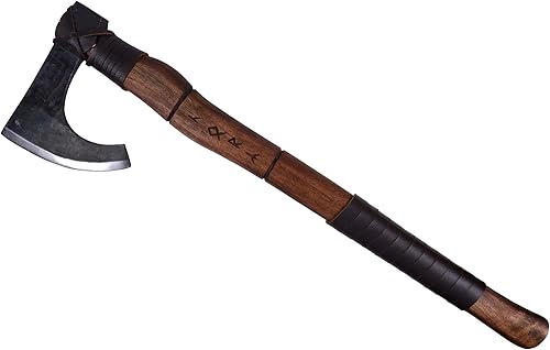 Viking Traders Hacha nórdica de herrería hecha a mano con cubierta de cuero genuino y mango de madera, hacha de barba de acero al carbono forjado