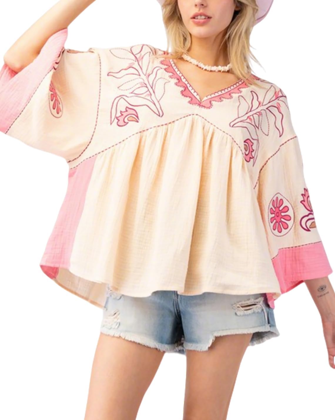 Womens Floral Printed Blouse V-Neck 3/4 Sleeves Loose Fit Vintage Babydoll Tops