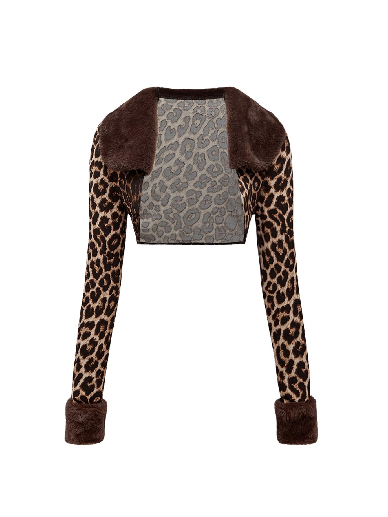 OYOANGLE Womens Leopard Print Open Front Fuzzy Shrug Long Sleeve Cropped Cardigan Outerwear