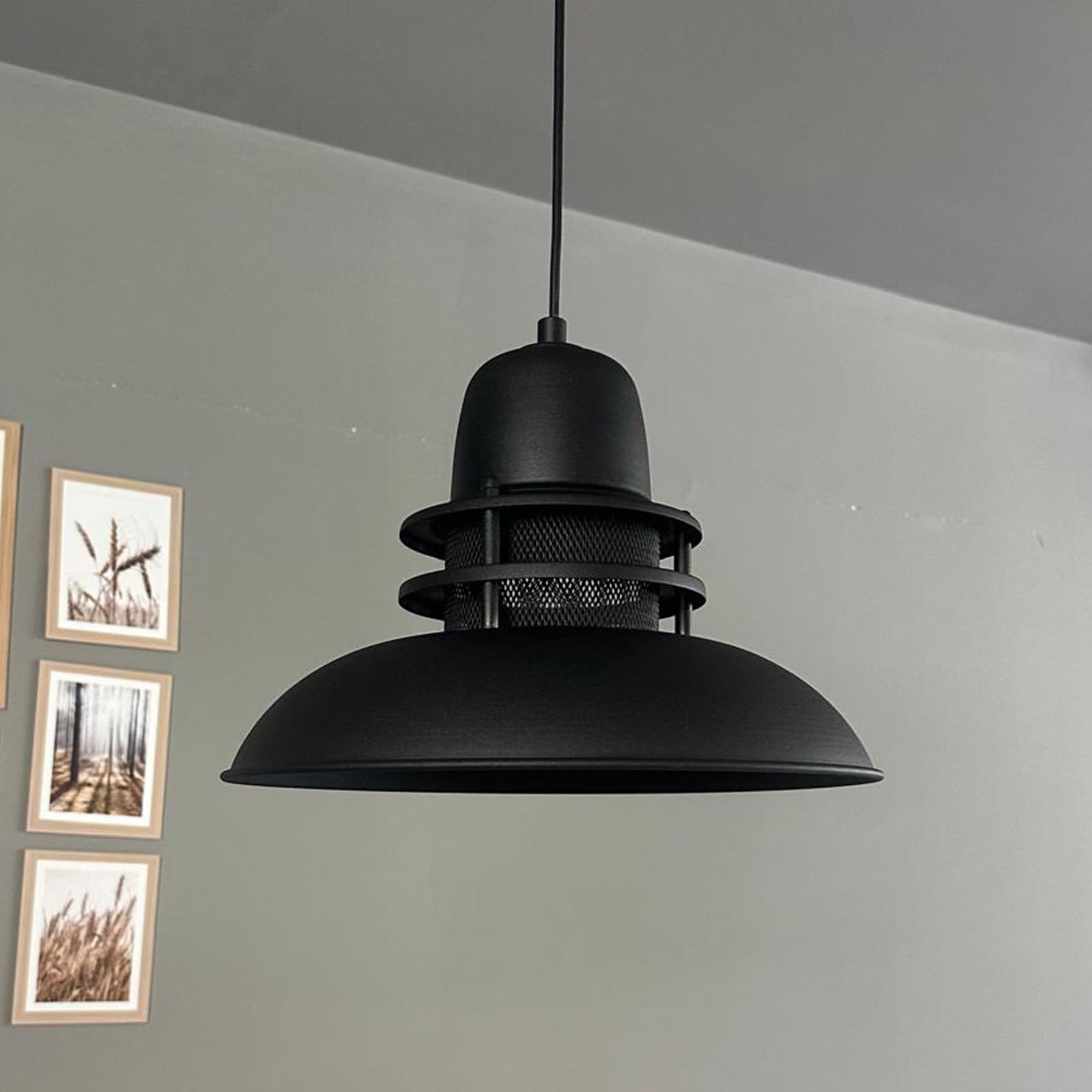 bamyum Suspension Luminaire Industrielle, Lustre Salon de 34 cm, Lustre Cuisine en Métal, Vintage Lampe de Chambre, Salle à Manger, Couloir, Lampe à Suspension Industrielle, Plafond Noir Mat