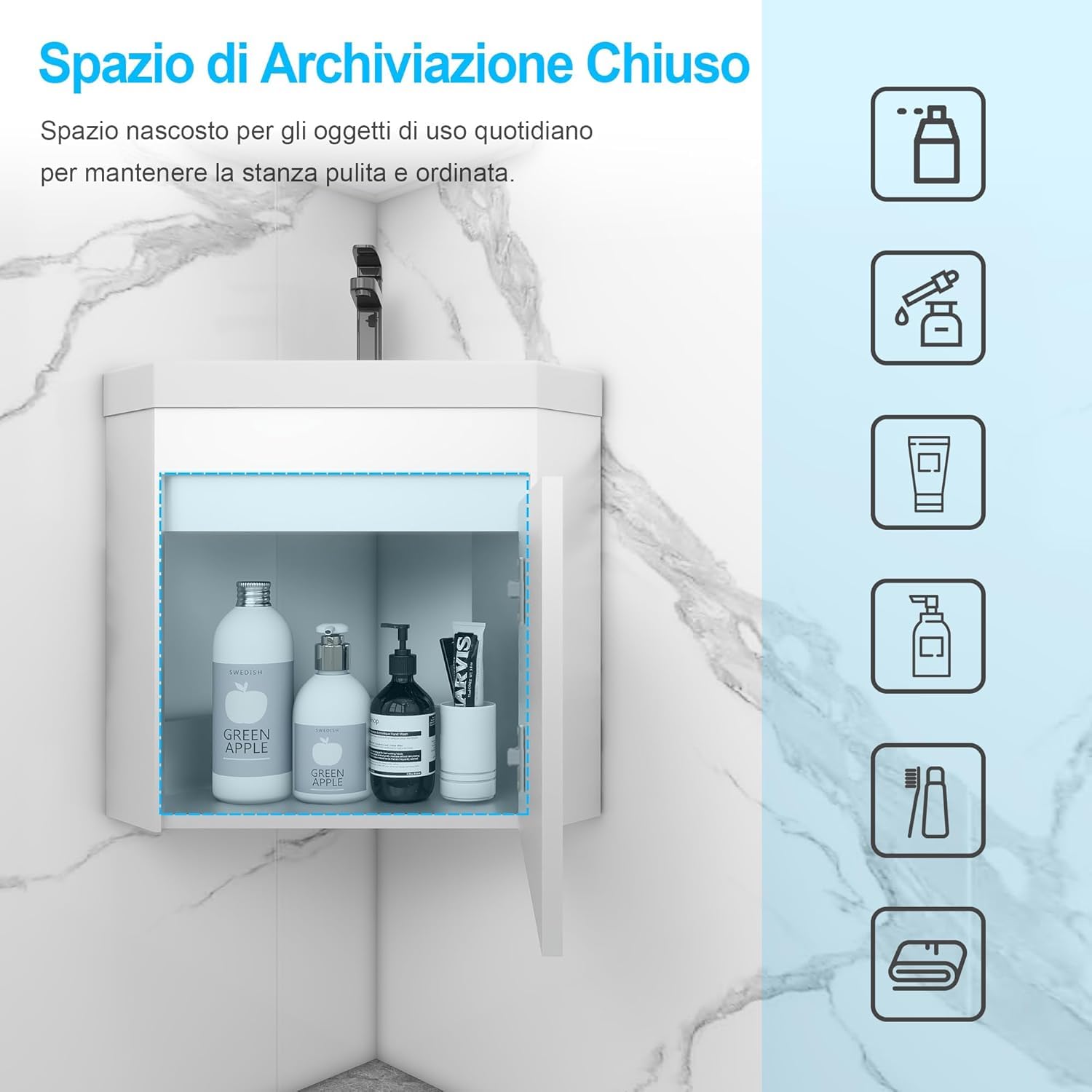 UEV Mobile Bagno Con Lavabo in Resina, Sospeso Ad Angolo 40CM, Rubinetto Nero Opaco, per Piccolo Spazio, Bianca