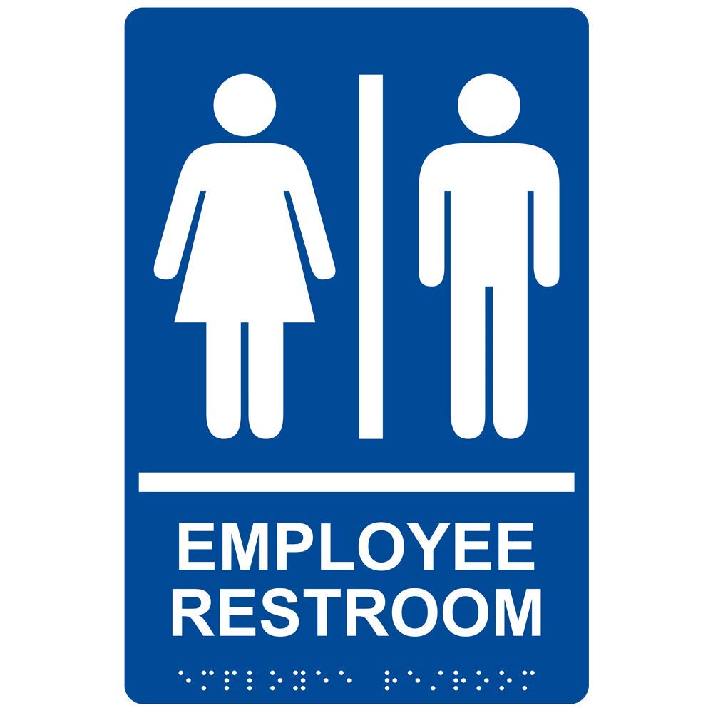ComplianceSigns.com Employee Restroom Sign, ADA-Compliant Braille and Raised Letters, 9x6 in. White on Blue Acrylic with Adhesive Mounting Strips
