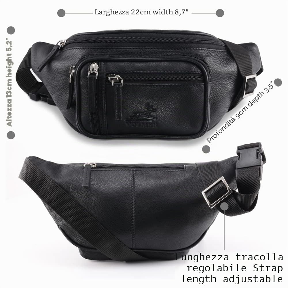 Fa.Volmer ® Marsupio in vera pelle per uomo e donna | disponibile in nero e marrone | vari modelli, Nero , L, Marsupio