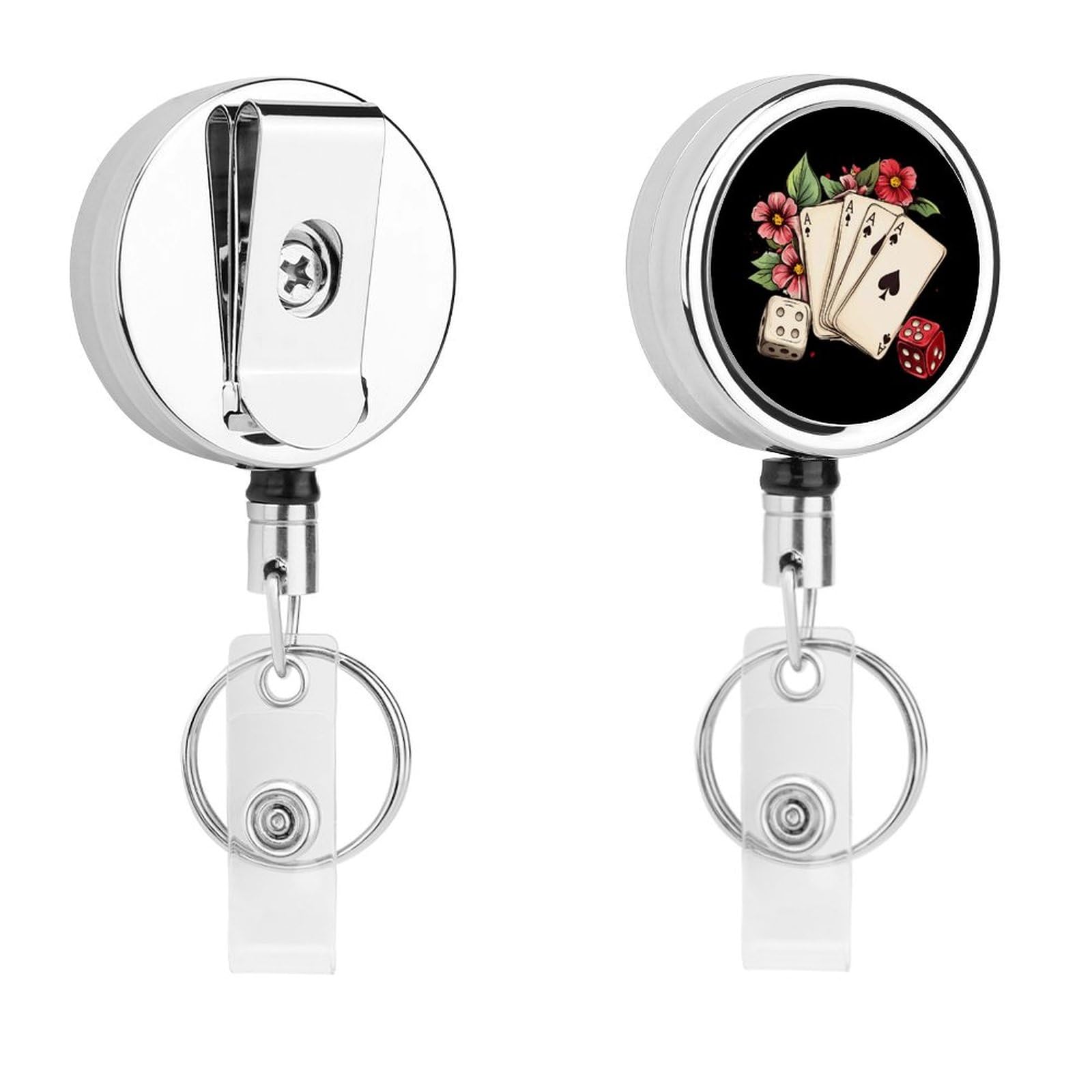 Funny Aces Flower Retractable Badge Holder Metal ID Name Holder Key Ring with Belt Clip
