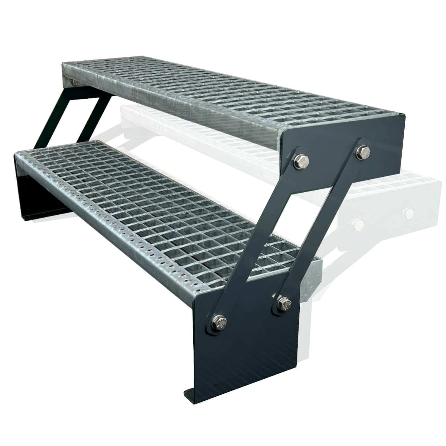 Scale con griglia in acciaio Premium 2 Gradini Regolabile Completamente zincata e Antracite Traversi verniciati a polvere Larghezza 80cm x Altezza Regolabile 30-43 cm