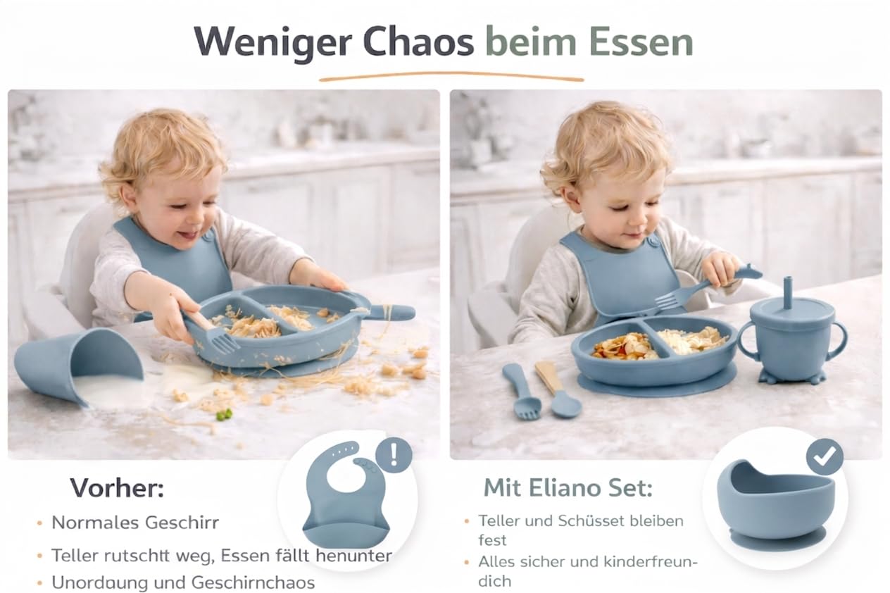 Eliano Set di stoviglie per bambini in silicone da 6 pezzi – piatto antiscivolo, ciotola, bicchiere con cannuccia, forchetta, cucchiaio, bavaglino – lavabile in lavastoviglie, senza BPA, adatto al