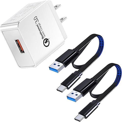 QC 3.0 - Adaptador de corriente USB de 18 W + 2 cables de carga rápida tipo C de 3 pies para Samsung Galaxy S20 S10 Plus S10e S9 S8 A03S A12 A13 A22