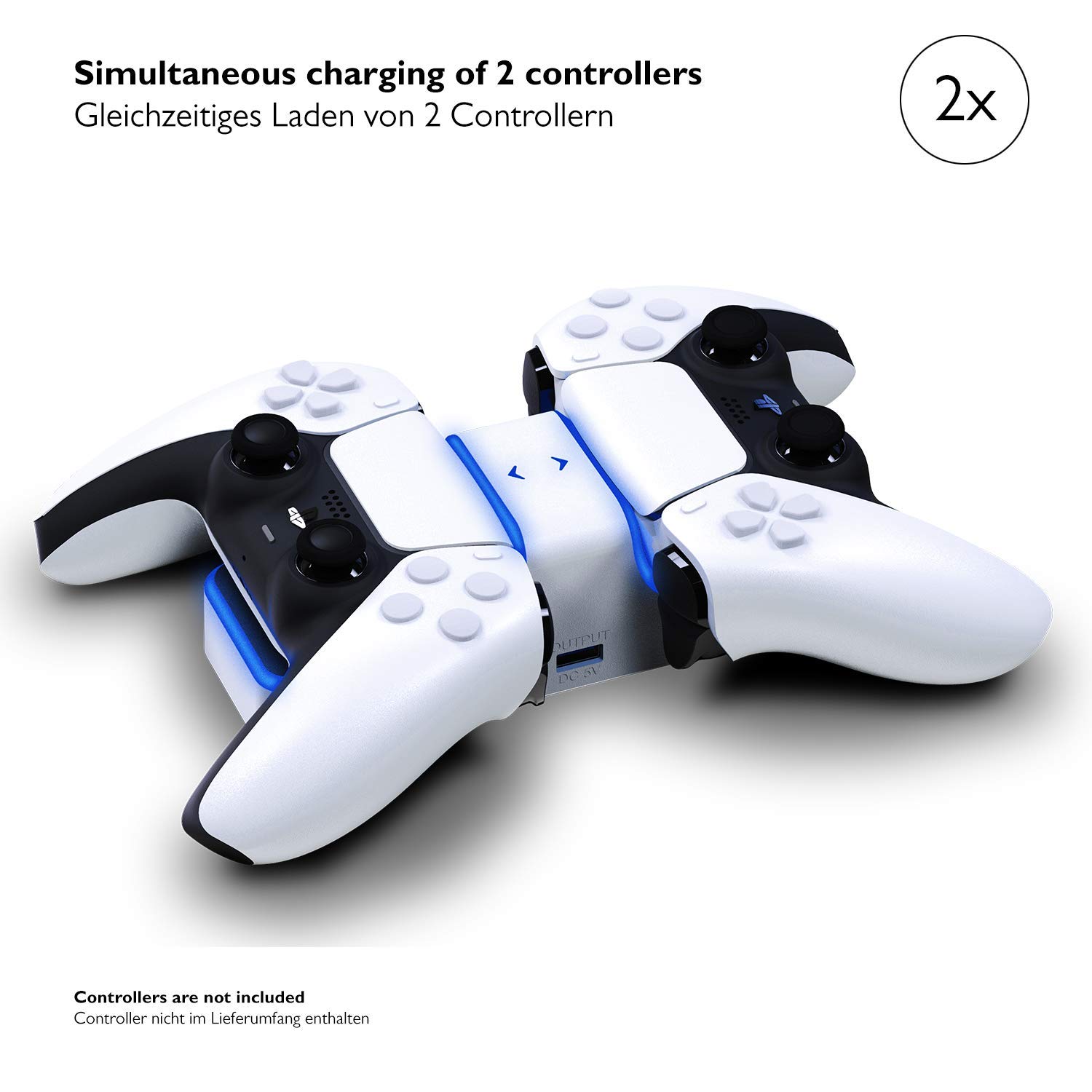 Lioncast Chargeur Manette PS5 - Double Station de Recharge Compatible avec Manettes sans Fil Dualsense de la Console Sony PlayStation 5 - LED Rouge/Bleue, Port USB Supplémentaire pour Les Accessoires