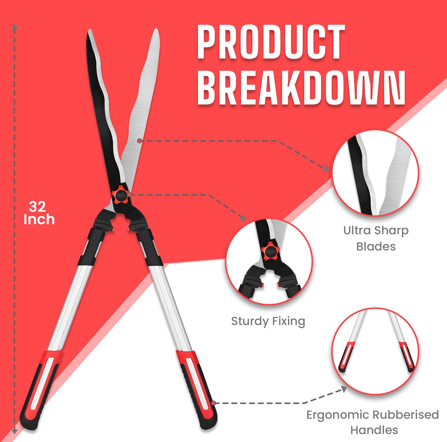 OUTO Hedge Shear 32" with Heavy Duty Aluminium Handle Cutting Edge Blade Grass Pruner Tree Branches Trimmer Garden Scissors for Lawn Backyard Patio Nursery Flower Gardening (Pack of 1, Red) - Image 2 thumbnail