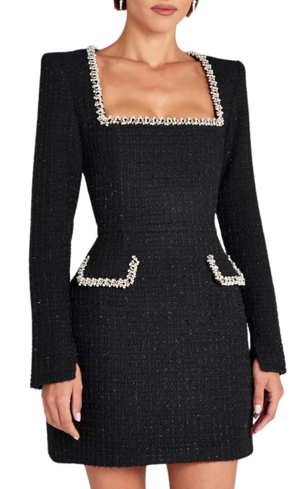 Womens Tweed Mini Dress Elegant Beaded Square Neck Long Sleeve High Waist A-Line Party Club Bodycon Short Dresses