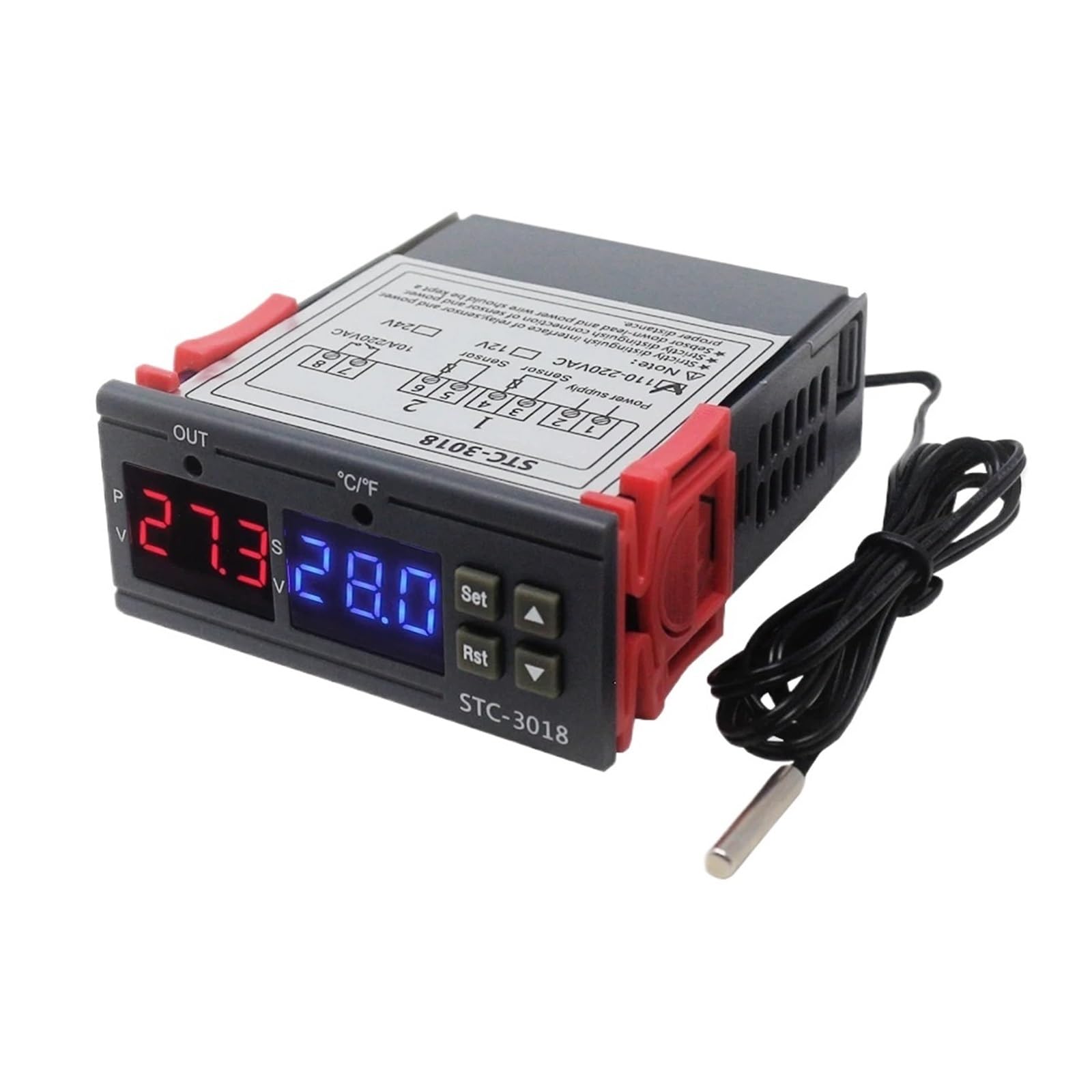 Sterownik temperatury STC-3018 Cyfrowy regulator temperatury 110 V 220 V do inkubatora termostat z wyjściem przekaźnikowym 10A/240 V, do ogrzewania i chłodzenia (With 1m tester line)