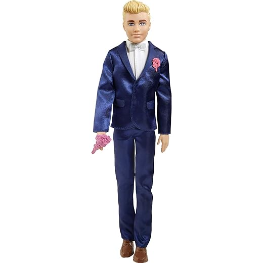 Barbie Ken Doll, Blonde Fairytale Groom with Satiny Blue Suit and 5 Accessories Including Bouquet and Wedding Cake