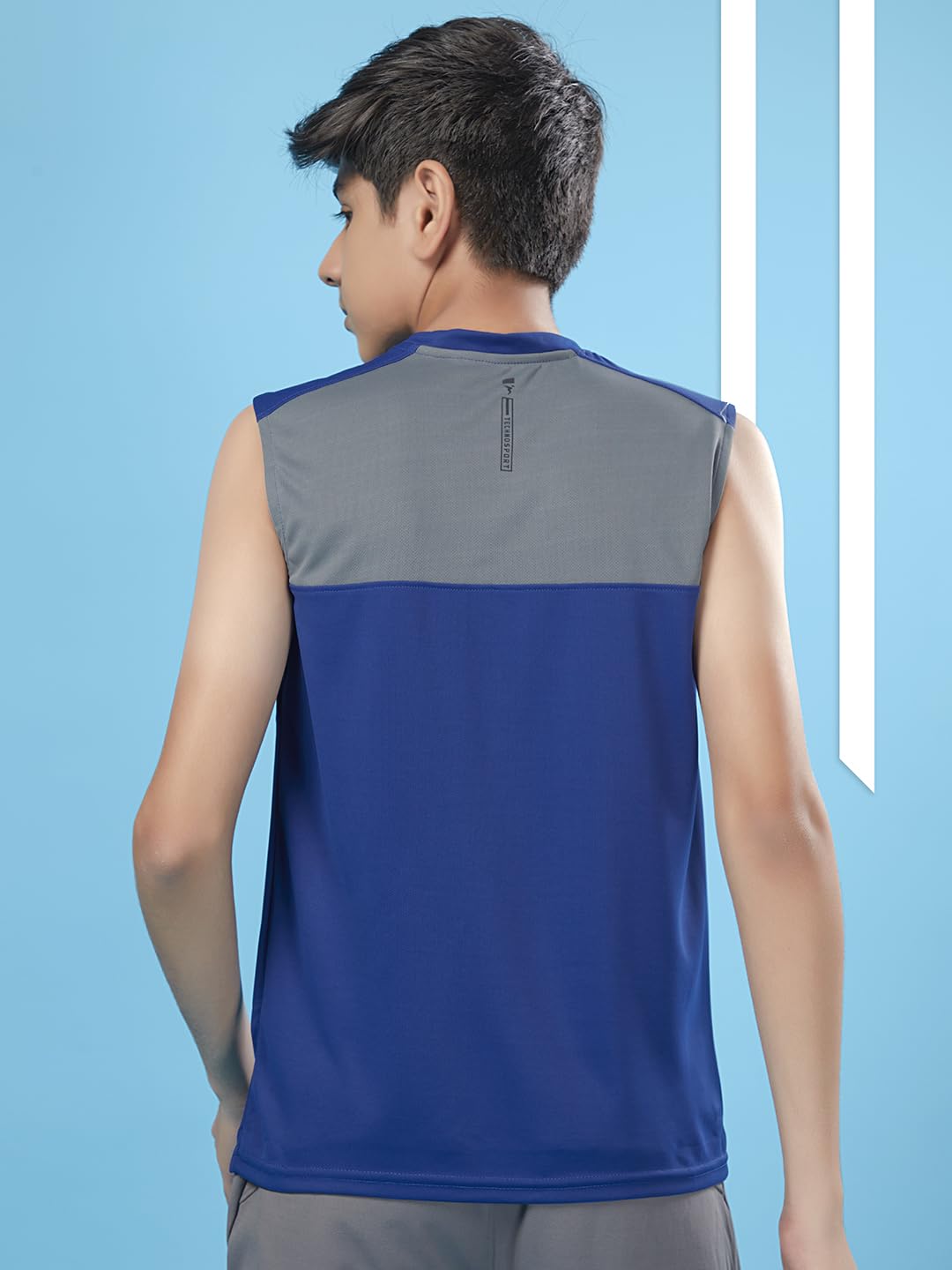 TECHNOSPORT Boys Slim Fit Color Block Gym Vest for Running, Gym & Sports - (BTB126CRB_Capri Blue_13-14 Years) - Image 2 thumbnail