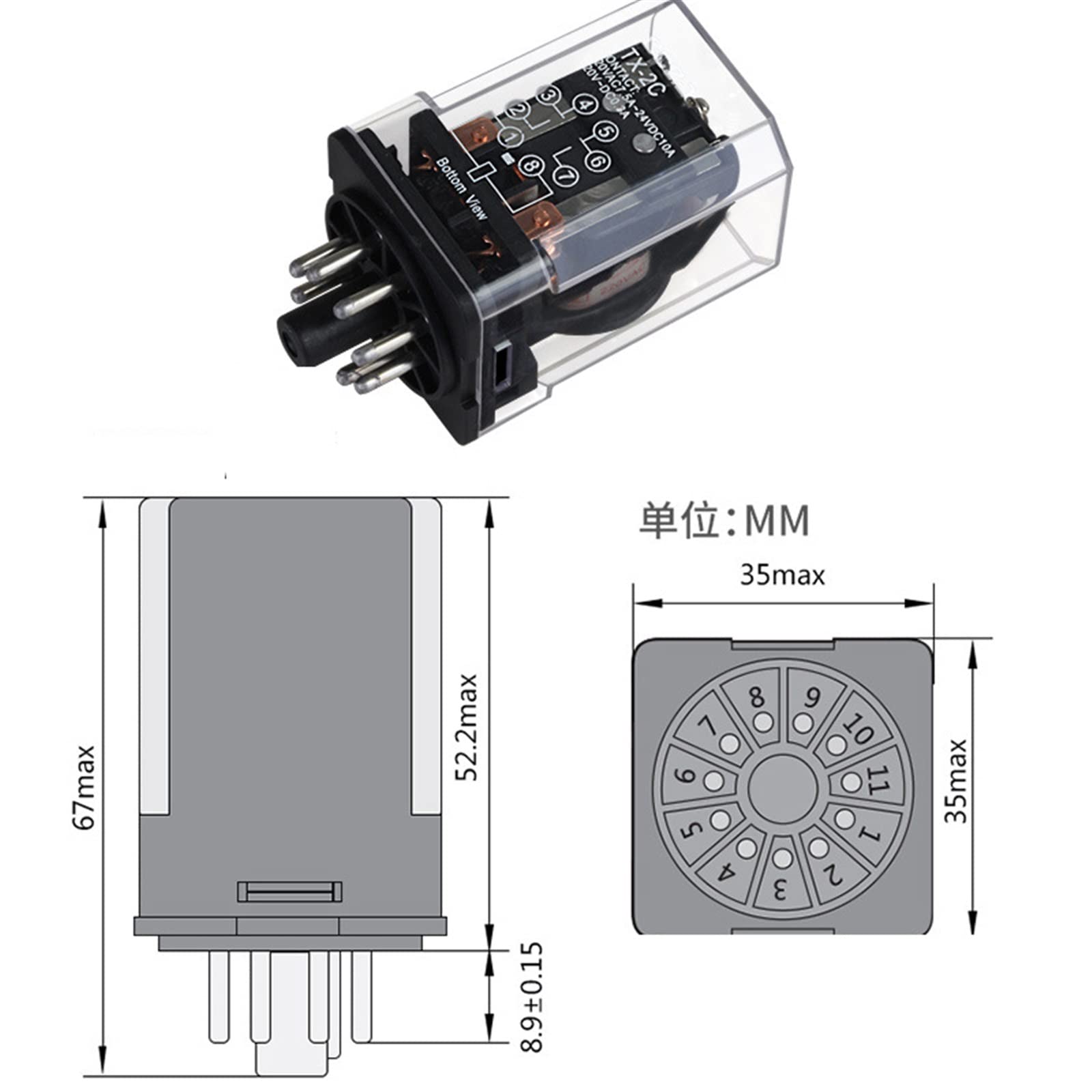 10 pièces Micro Relais de Puissance Universel JTX-2C JTX-3C Mini commutateur de Relais électromagnétique 8 11 Broches 6V 24V 12V 220V AC DC avec Base (Color : JTX-2C, Size : DC12V)