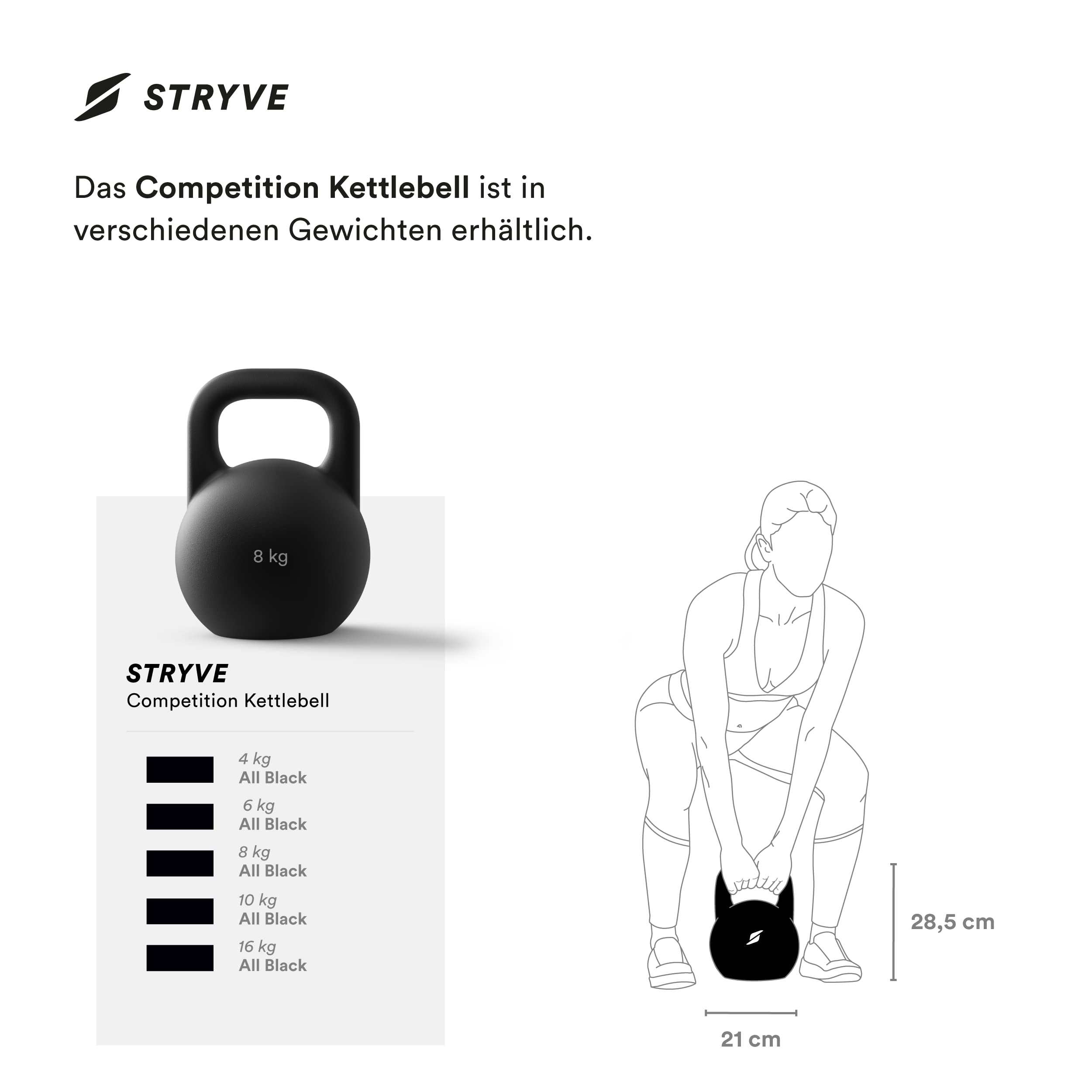 STRYVE Competition Kettlebell 4-16 Kg, hochwertige Kugelhantel aus Gusseisen incl. Trainingsplan