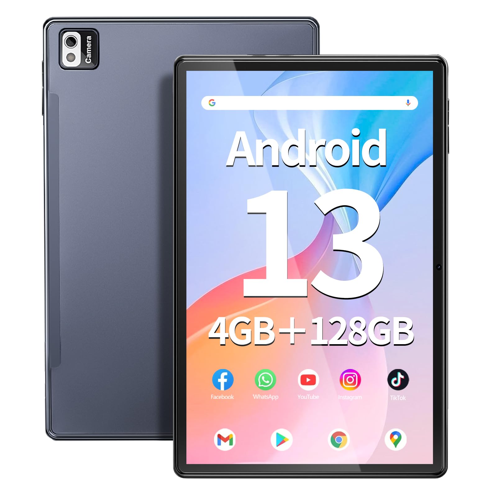 SGIN Tablet, 10 Inches Tablets 4(4+4)GB RAM 128GB ROM, Android 13 with Octa-Core 2.0Ghz Processor, FHD 1280 * 800 IPS Screen, 5MP+8MP Dual Camera, WiFi, Bluetooth 5.0, 256GB Expansion, 6000mAh, Black