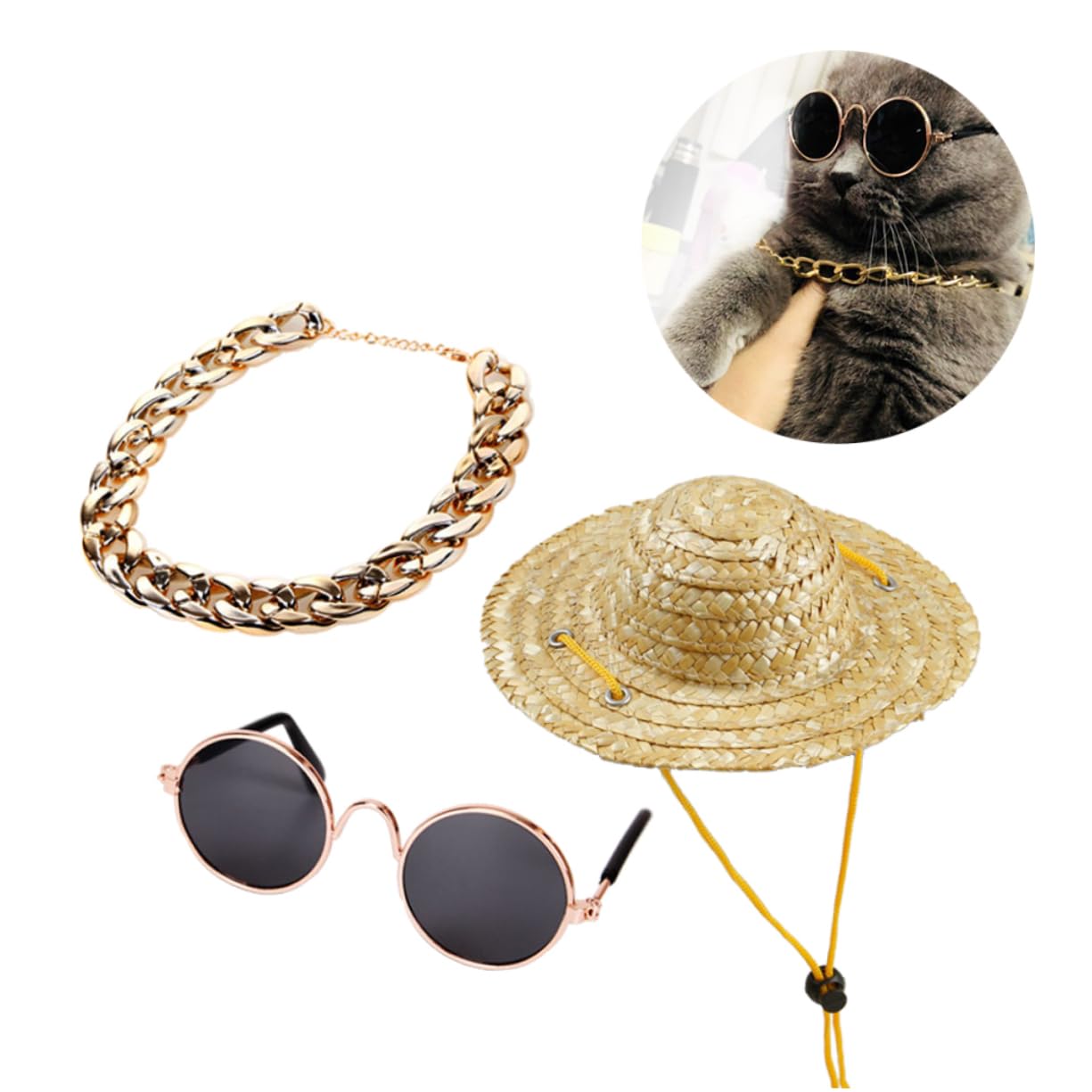 BESPORTBLE 3pcs Pet Fashion Accessories Set Dog Cat Retro Sunglasses Gold Necklace