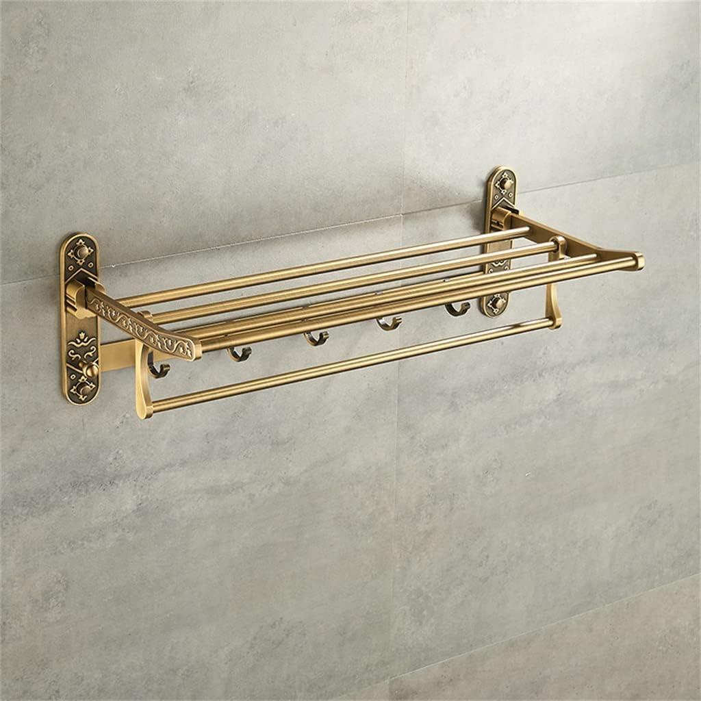 Nail Free Foldable Antique Brass Bath Towel Rack Active Bathroom Holder Shelf with Hooks Accessories