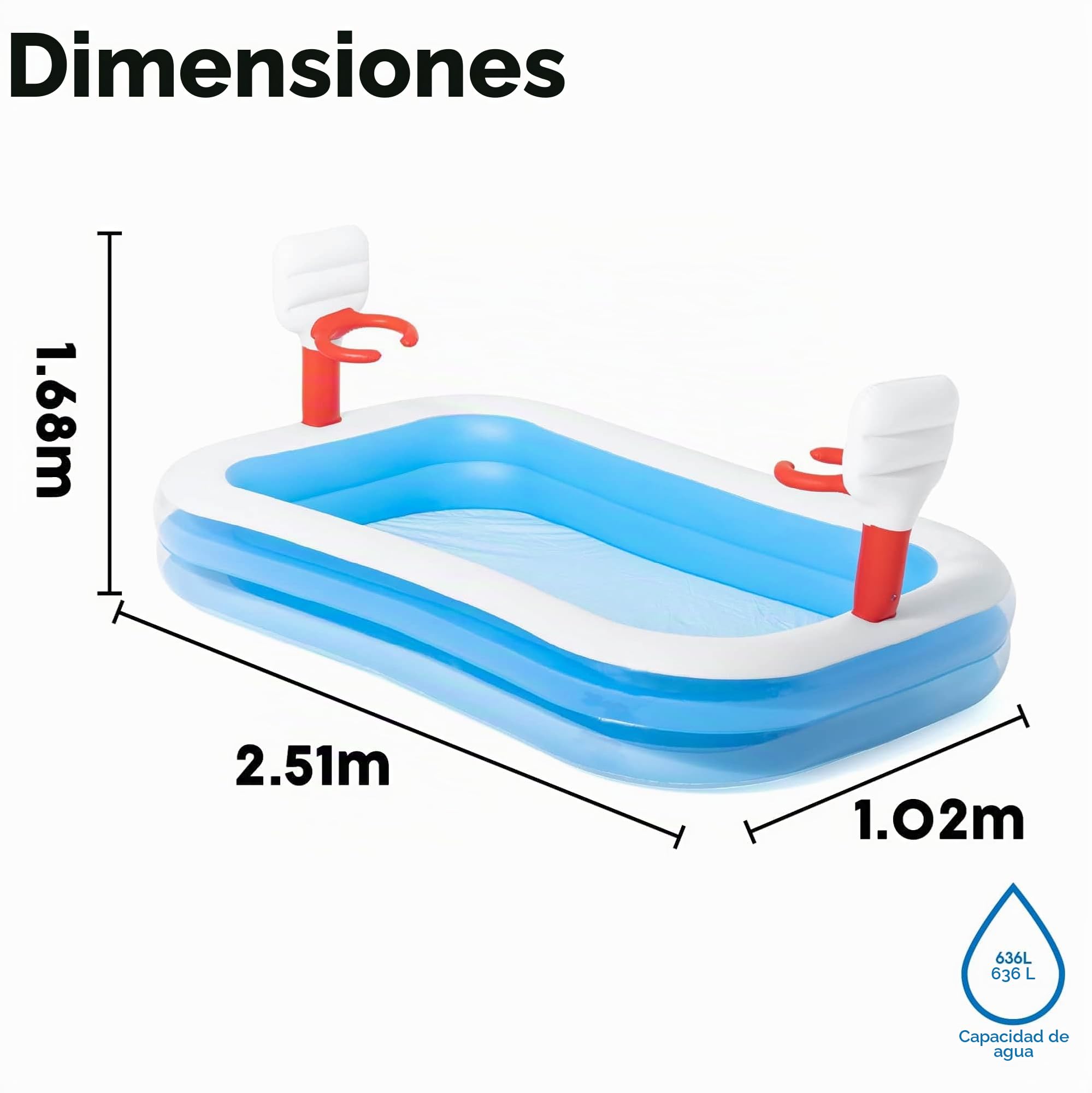 Piscina rectangular Blanco Y Azul Hinchable Infantil con Canastas Baloncesto Bestway Basketball 254x168x102 cm