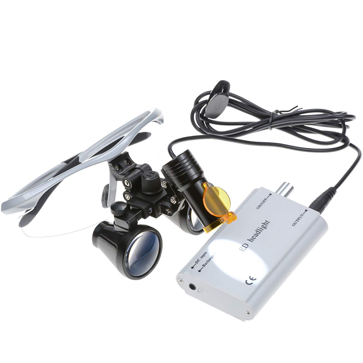 Loupes binoculaires dentaires 3,5 x 420 mm + phare LED portable en plastique 5 W avec lampe frontale à clipser avec sac à colth (argent)