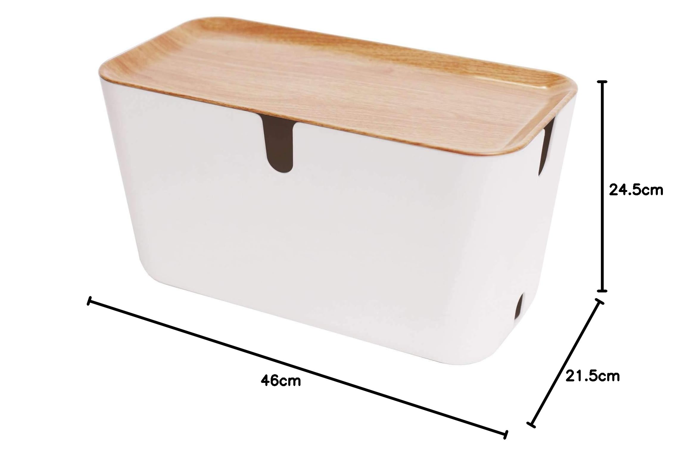 Pudełko do zarządzania kablami – organizer na kable XXL białe i naturalne drewno – 46 x 21,5 x 24,5 cm. Trudnopalne tworzywo sztuczne. Silikonowe nóżki antypoślizgowe.