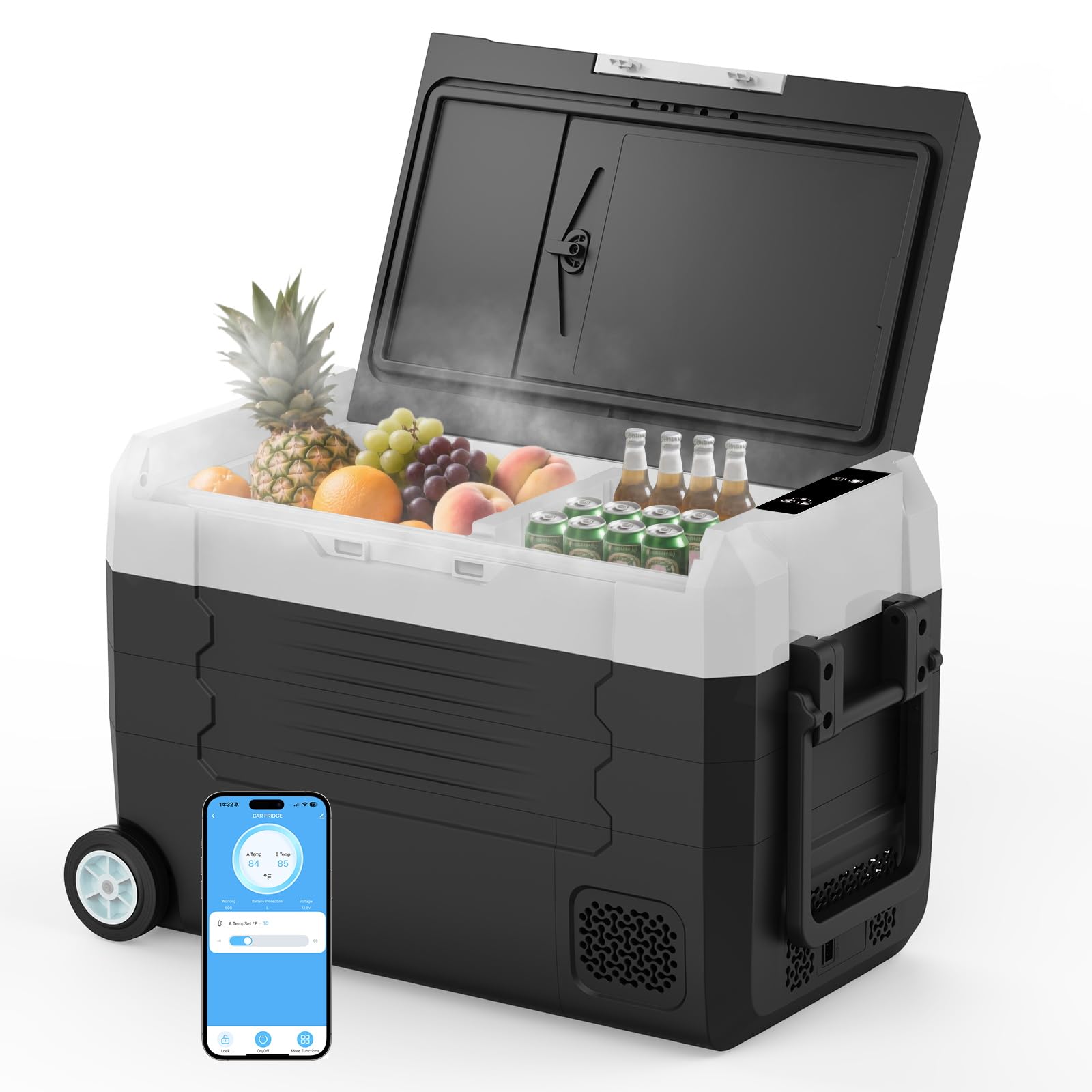 AS Refrigerador portátil de 12 V para coche, 48 cuartos de galón, enfriador eléctrico con 12/24 V CC y 110-240 V CA para camión, furgoneta, caravana, SUV, enfriador de 12 V con ruedas para camping