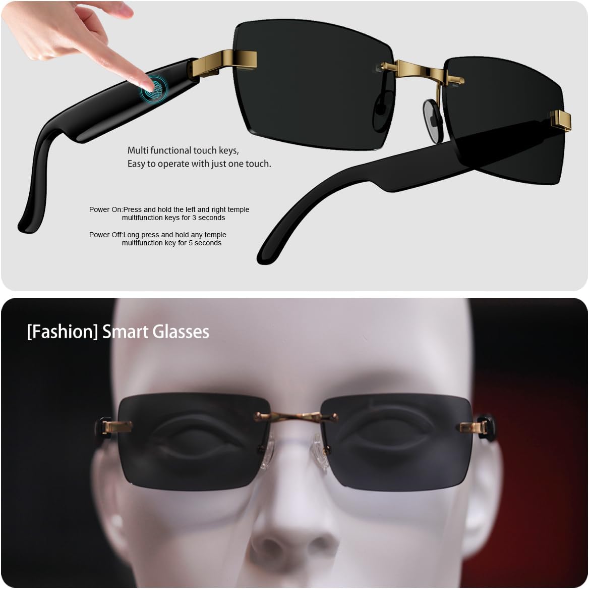 Smart Glasses, Bluetooth sungglasses, frameless lenses, built-in microphone and speaker, Athletic/Outdoor UV Protection and Voice Control,Unisex
