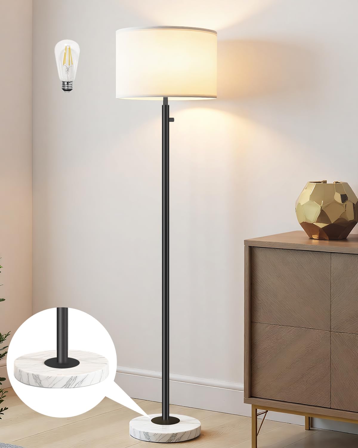 Floor Lamp,Modern Floor Lamps for Living Room,Standing Lamp with Marble Base,LED Bulb Included,Tall Dimmable Floor Lamp for Bedroom,Living Room,Office,Reading and Nursery