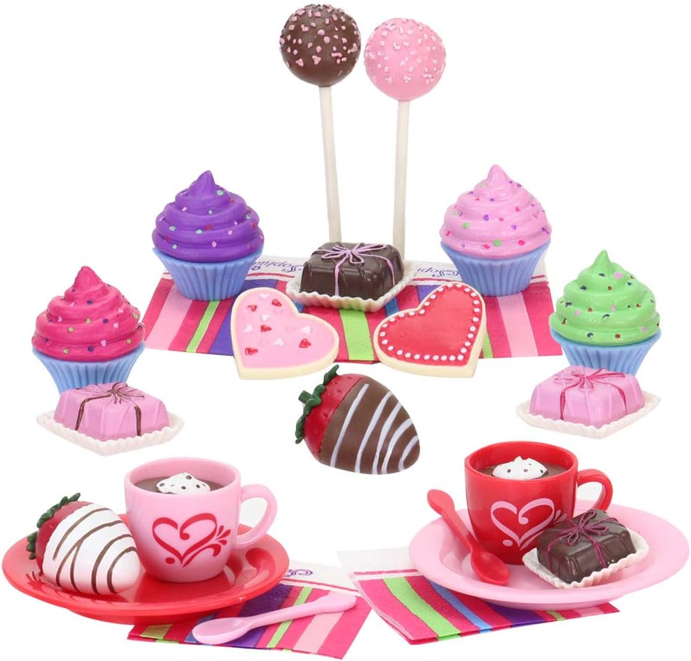 Sophia's 20 Piece Hot Chocolate and Desserts Set with Cookies, Cakes, Chocolate Covered Strawberries, Cupcakes and More for 18 Inch Dolls