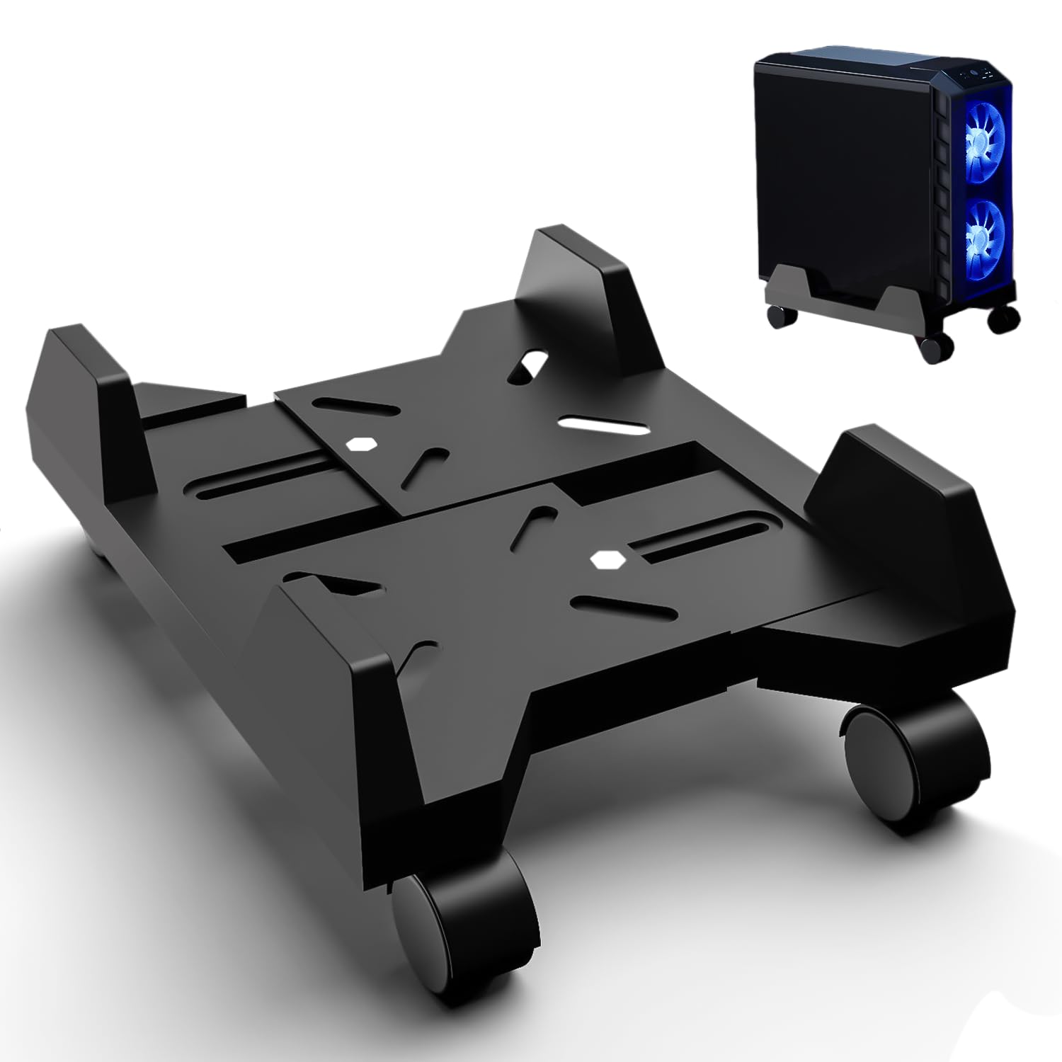 HOMURY Soporte para CPU móvil, soporte para PC para torre de PC, soporte de escritorio con 4 ruedas y base ajustable (negro)