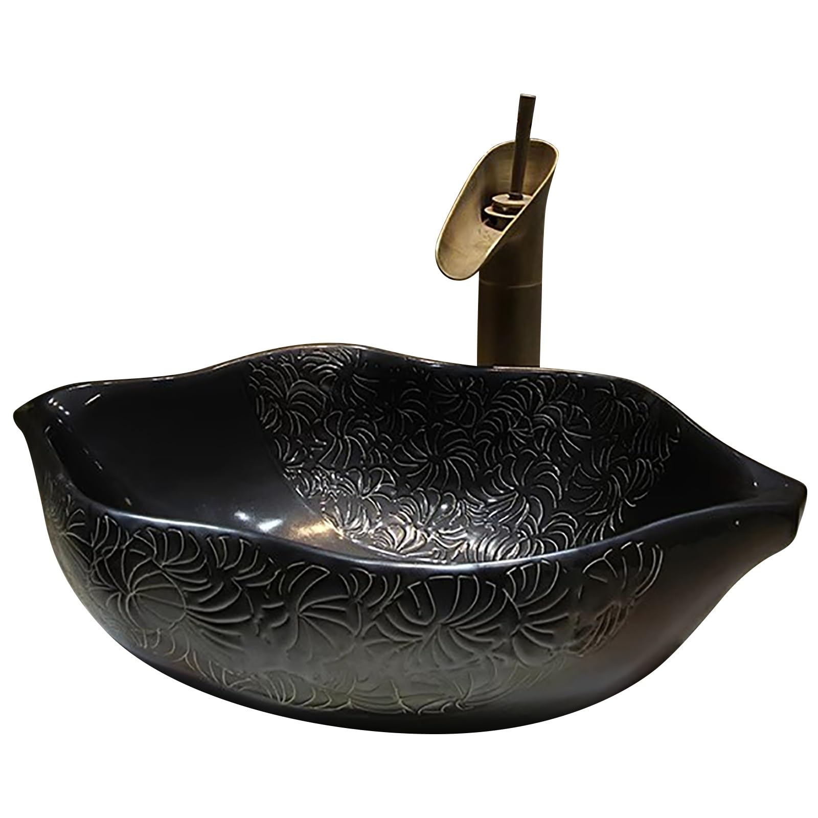 Creative Vessel Sink, Vessel Bathroom Sinks Flower Shape Design, Porcelain Art Basin Lavatory Vanity Sinks for Bar and Cloakroom(Black)