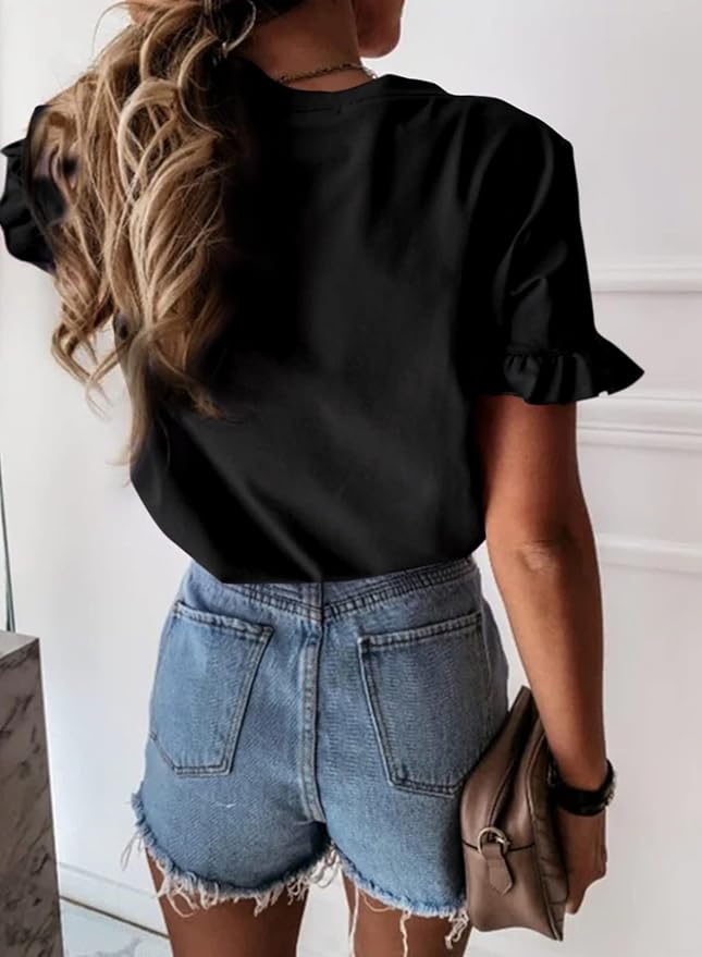 Pretty Garden Womens Plain Round Neck Ruffle Short Sleeve Top 95%Polyester 5%Elastane
