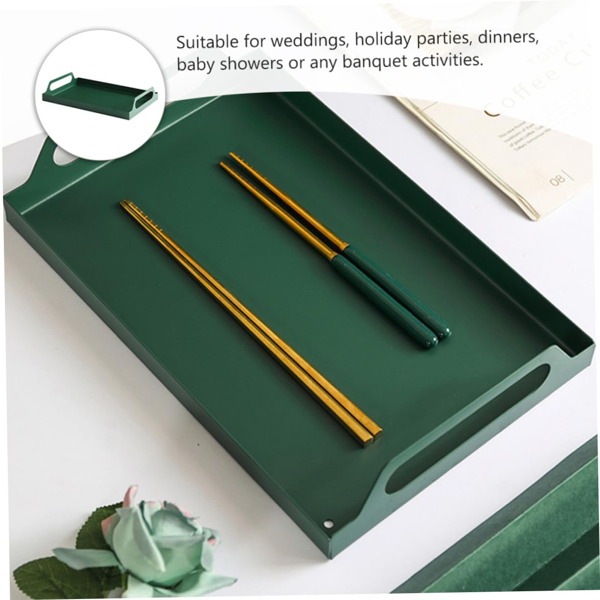 TOYANDONA Bandeja Metálica Rectangular con Asas Resistente para Servir Comida Reuniones Familiares y Eventos Diseño Artesanal Hierro Verde Grande para Aperitivos y Postres