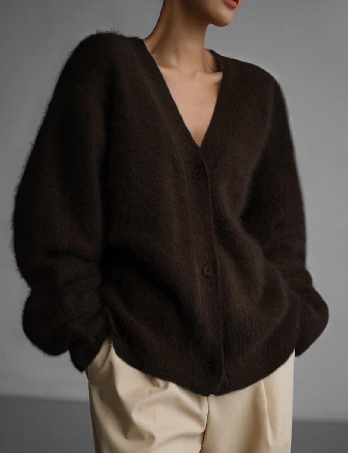 Yimoon Womens Fuzzy Cardigan Sweater V Neck Long Sleeve Button Down Slouchy Furry Knit Sweaters 2026 - Image 3