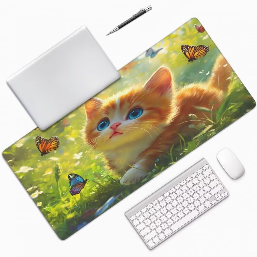 Tappetino Mouse XXL 1200x600mm Gattino Carino Grande Mouse Pad, Tappetino Scrivania con Bordi Cuciti, Grande Mousepad Gaming con Base Antiscivolo per Giocatori, Ufficio e Casa (Farfalla) -MP1536