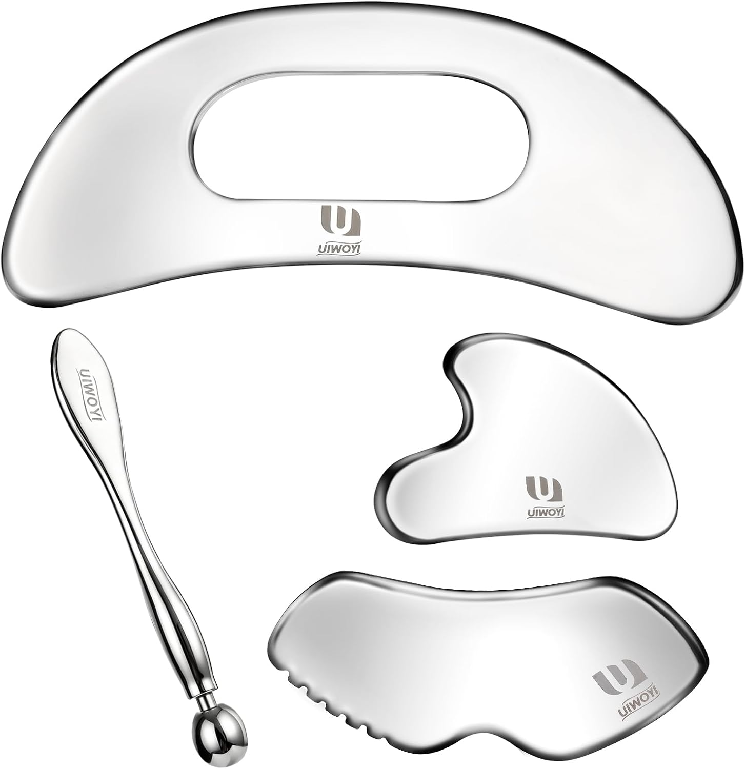 4 in 1 304 Stainless Steel Gua Sha Tools Set | Facial & Full Body Scraping Massage Kit with Zinc Alloy Eye Roller for Daily Self Care & Workout Relaxation