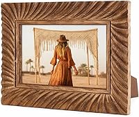 IndoStrides Hand Carved Mango Wood 5x7 Picture Frame - Rustic Brown Ridged Vintage with Real Glass, Tabletop or Wall Mount Home Decor