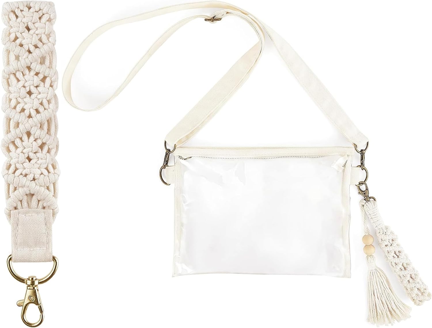 Mkono Macrame Key Chain and Clear Bag Stadium Approved, Macrame Wristlet Transparent Concert Crossbody Bag for Sport Events Festival Concert Park