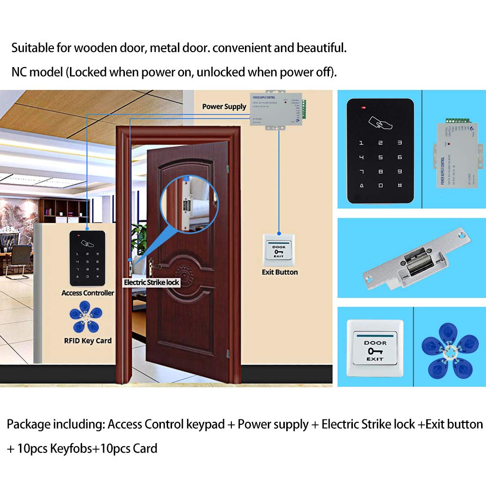 Kit di Sicurezza per Porta con Controllo di Accesso Completo con Tastiera da 125 KHz,Serratura Elettrica + Alimentatore,Pulsante di Uscita,10 Portachiavi e 10 Carte(NC kit di blocco elettrico)