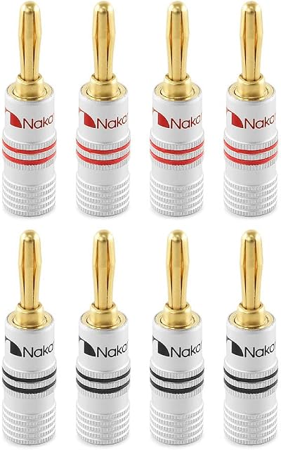 Nakamichi Excel Series 24k Gold Plated Banana Plug 12 AWG - 18 AWG Gauge Size 4mm for Speakers Amplifier Hi-Fi AV Receiver Stereo Home Theatre Audio Wire Cable Screw Connector 8 Pcs (4-Pairs)