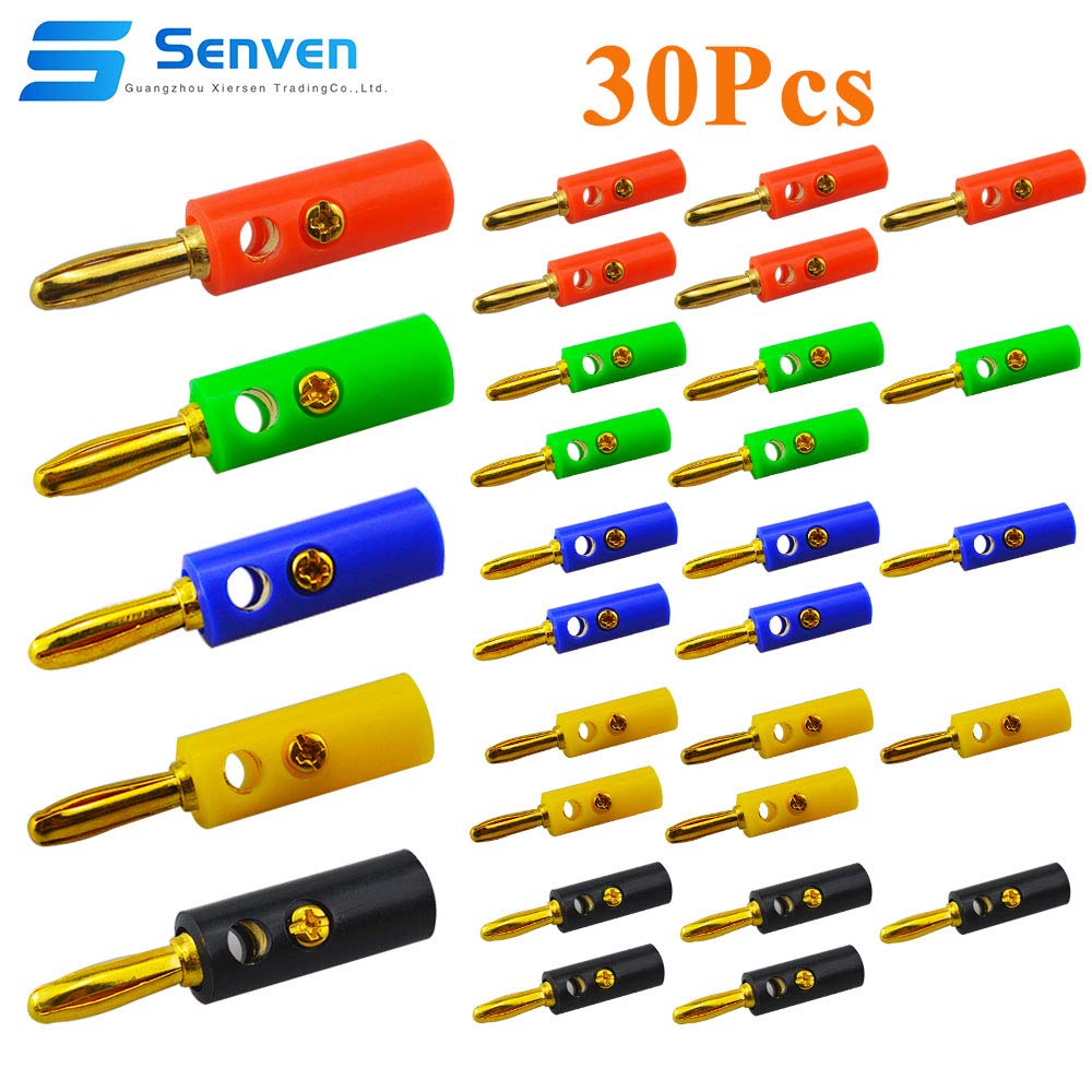 Senven 30Pcs profession 4mm Connector for Banana Speaker, Banana connector Gold plated, 4 mm Connector Audio Cable Speaker (type A) - 5 colors