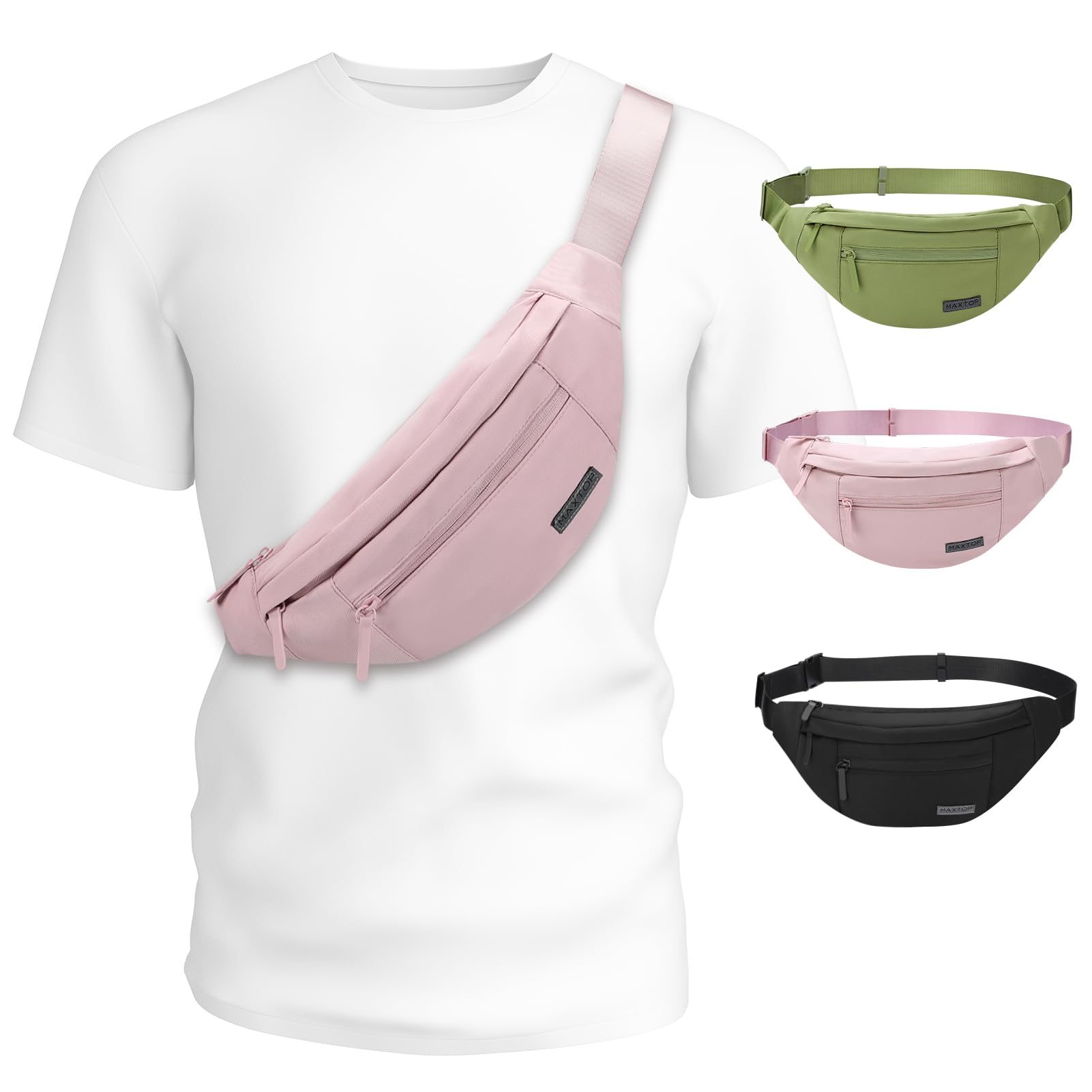 MAXTOP Black Bumbag Waist Fanny Pack for Men Women Bum Bag with 4-Zipper Pockets Travel Essentials for Outdoors Workout Hiking Running Cycling — view 7