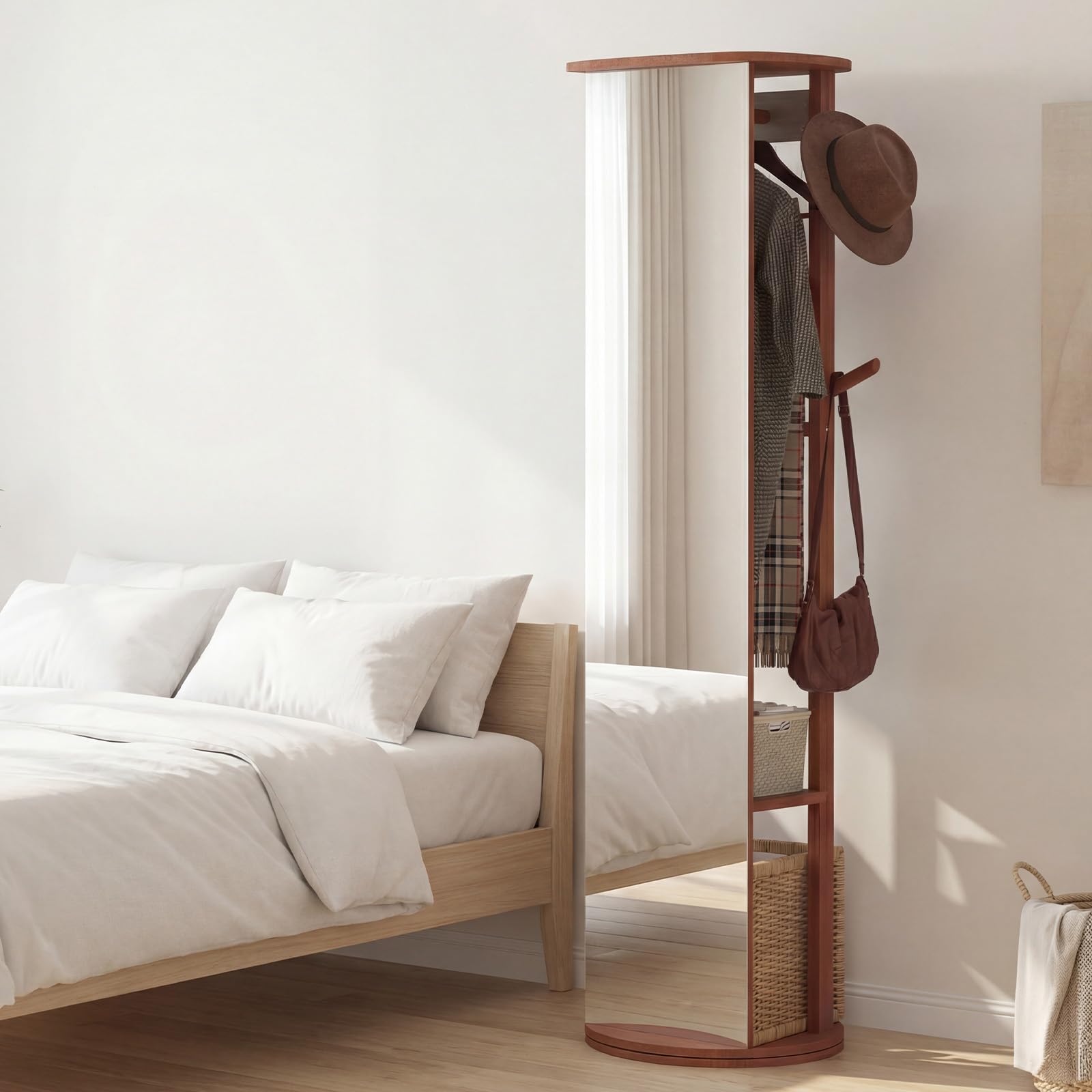COSTWAY Appendiabiti Girevole a 360° con Specchio, Specchio a Figura Intera da Terra con Ripiani e Ganci, Appendiabiti per Soggiorno, Camera da Letto e Guardaroba (Stile 3)