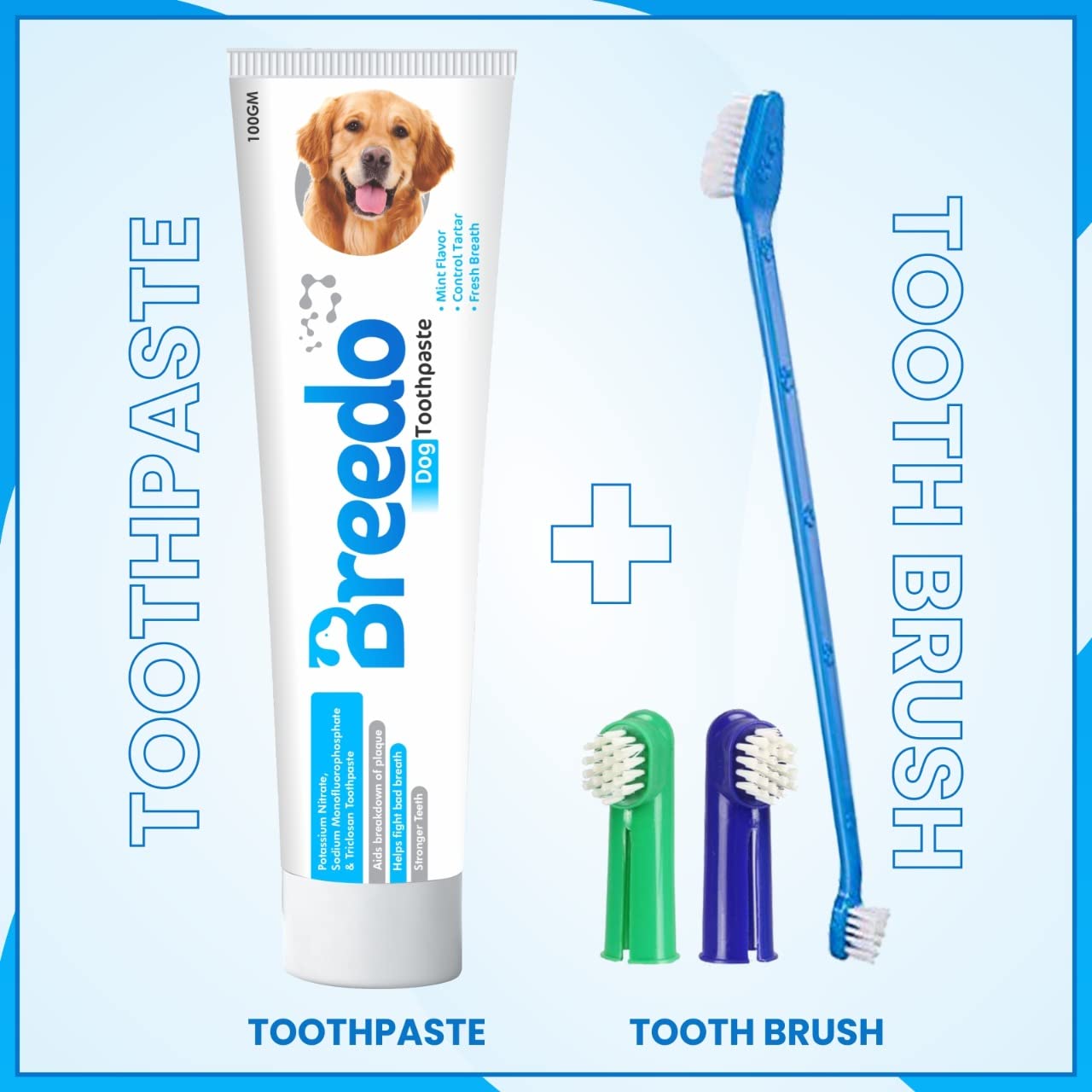 Breedo Cool Mint Toothpaste(Pack of 2) and 3Pcs Toothbrush Combo for Dogs - 200g | Soothing Mix of Mint and Cinnamon Oil Suitable for dogs and Puppies| Dog Toothpaste| Dog Mouth Freshner