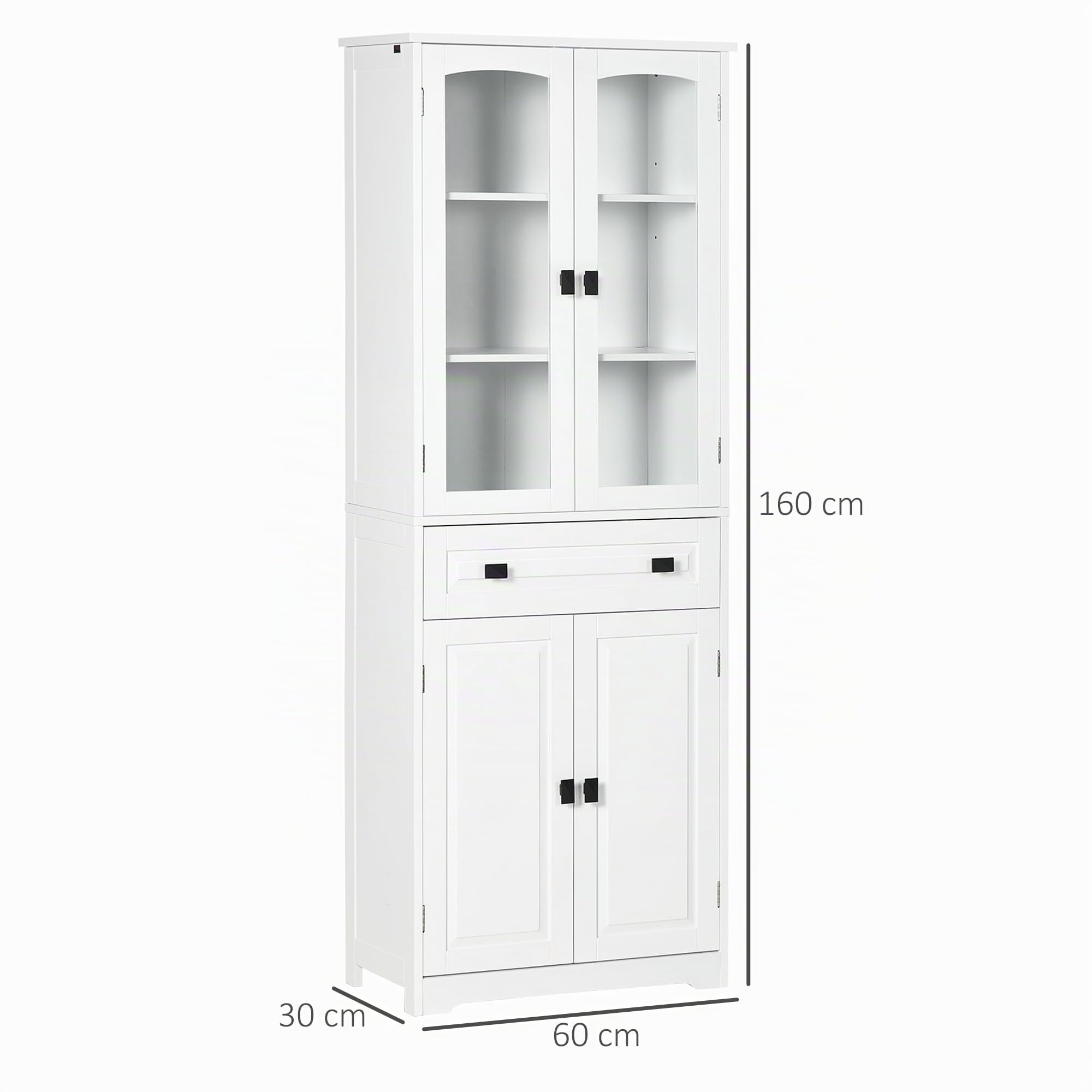 HOMCOM Alacena de Cocina Aparador de Comedor 4 Puertas 60x30x160 cm Blanco | Mueble Auxiliar, 1 Cajón, 2 Estantes Ajustables, para Salón