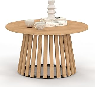 IDMarket - Table Basse Ronde Carmen 70 cm Pied Bois en Lattes et Plateau Bois
